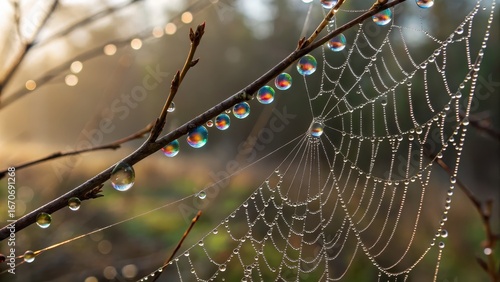 Dew drops on a spider web on a branch in the early morning light