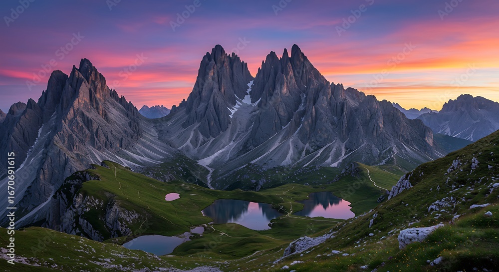 Fototapeta premium Majestic Dolomites Peaks Bathed in the Vibrant Light of Dawn a Timeless Landscape