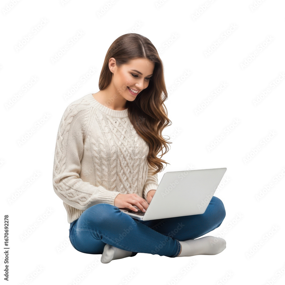 Naklejka premium Young woman sitting cross-legged typing on laptop computer wearing a cozy sweater and jeans enjoying digital work