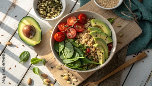 Healthy salad bowl with avocado, tomatoes, spinach and quinoa