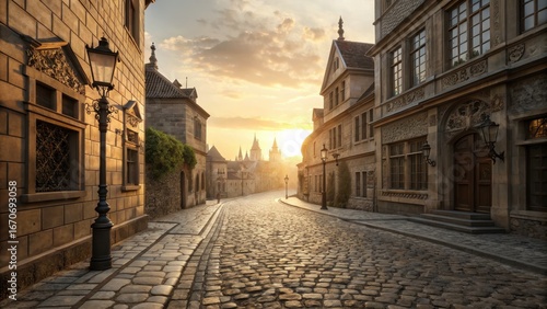 Cobblestone street in an old european city at sunrise with historic architecture