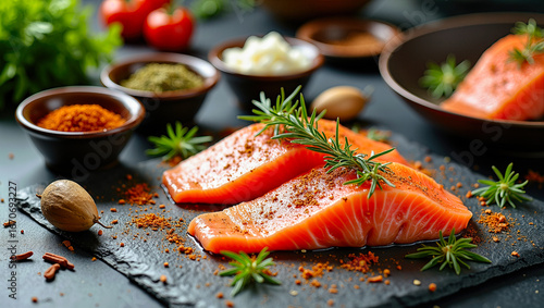  Lachs frisch gewürzt auf Schieferplatte mit Rosmarin – rohe Lachsfilets in der Küche, Nahaufnahme