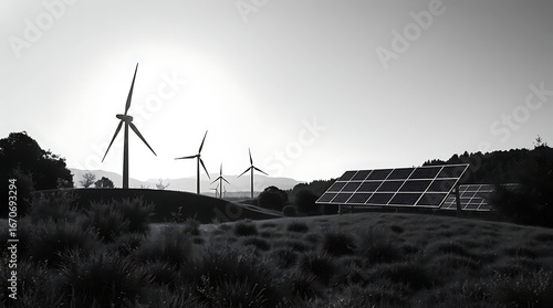 Wind turbines and solar panels in a rural landscape, representing renewable energy, sustainable power generation, and environmental conservation in black and white