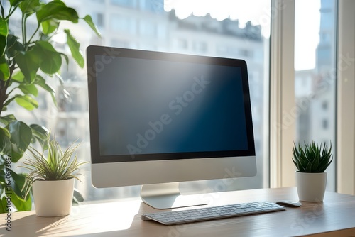 Computer monitor sits on a desk next to two potted plants
