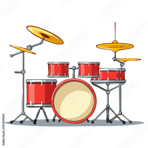 Red Drum Kit with Cymbals Isolated on White