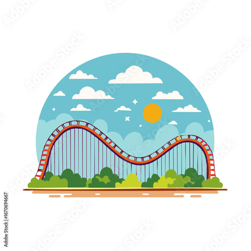 Exciting rollercoaster illustration with vibrant orange track and blue sky summer fun concept