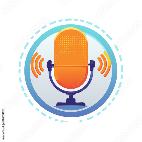Vibrant orange microphone with sound waves emanating outwards inside a circular blue outline with dashed accents