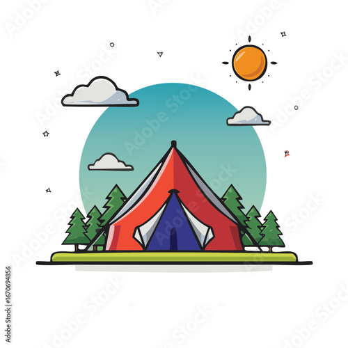 Colorful campsite with tent trees and sky illustration showcasing outdoor adventure and cartoon camping