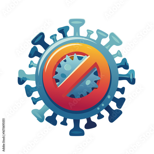Illustration of a stop sign on a coronavirus virion, no virus, preventing spread of disease