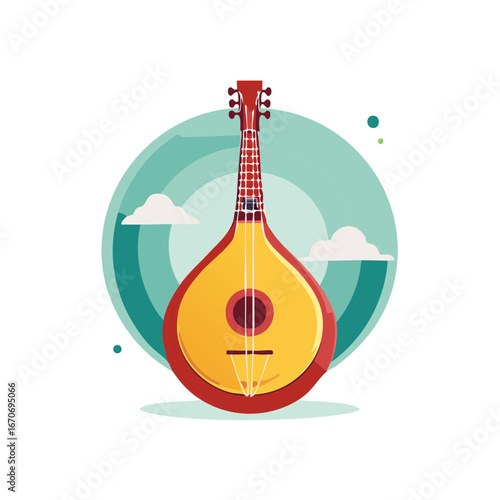 Artistic vector illustration of a lute-like instrument with decorative clouds and background
