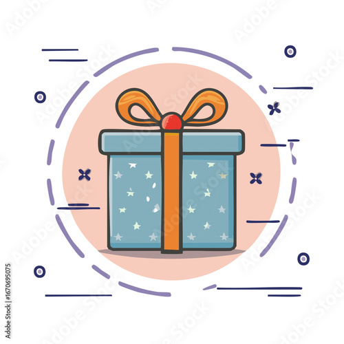 Starry Blue Gift Box Cartoon with Orange Ribbon Bow and Fun Abstract Graphic Elements