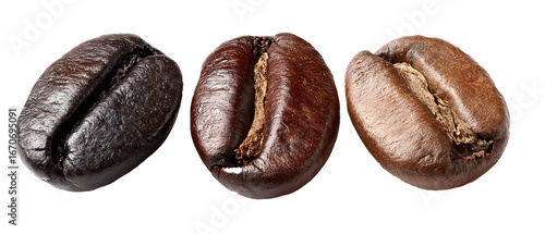 Image of coffee beans separated into dark roast, medium roast, and light roast. Ai generate.	
