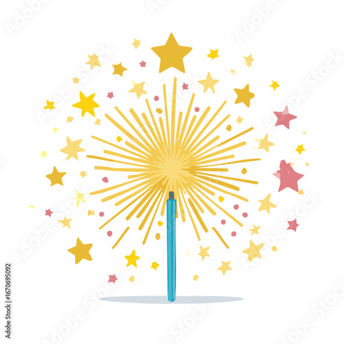 Celebratory starburst sparkler with golden stars in a festive, hand drawn illustration style for greeting card design
