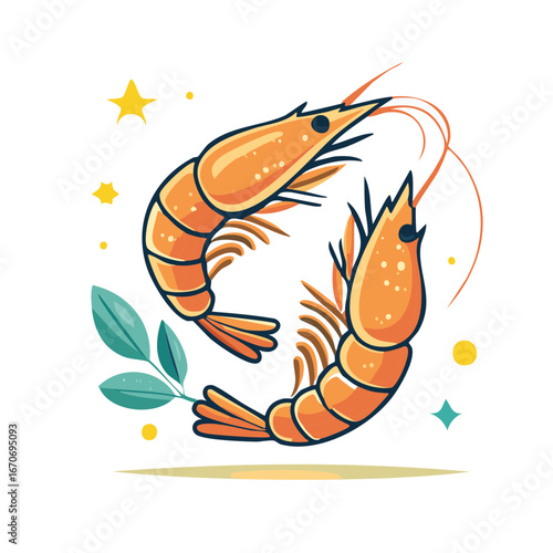 Stylized illustration of two shrimps with decorative stars and foliage elements