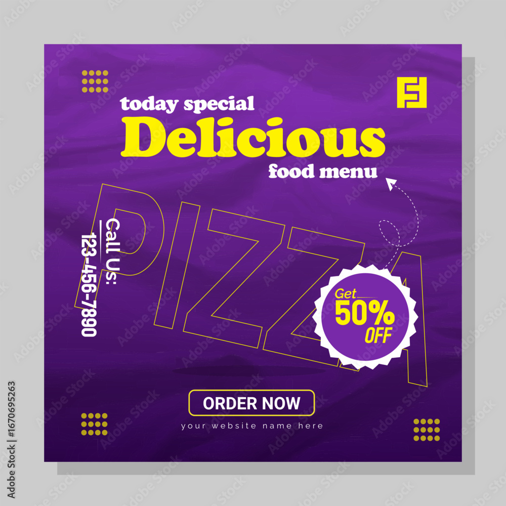 Obraz premium Purple Food Banner Template with Pizza Promotion and 50% Discount Offer.