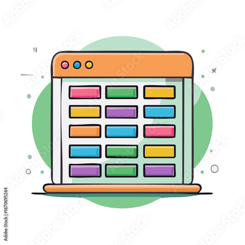 Colorful data table application interface illustration with circular elements