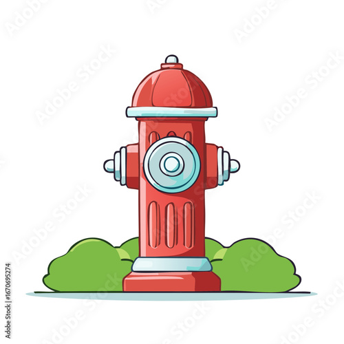 Cartoon illustration of a red fire hydrant with green bushes and stylized design