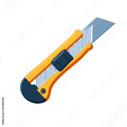 Sharp retractable utility knife with extending segmented blade and blue slider, isolated object.