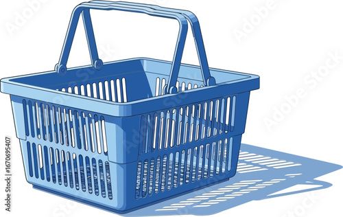 Blue plastic shopping basket with handle casting shadow on white background vector illustration