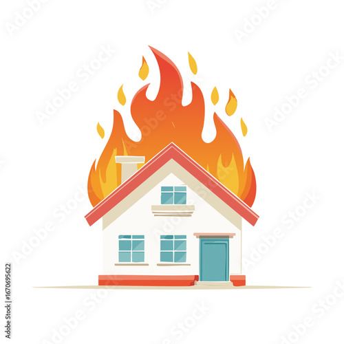 Illustration of a house engulfed in bright orange flames and smoke against a white background