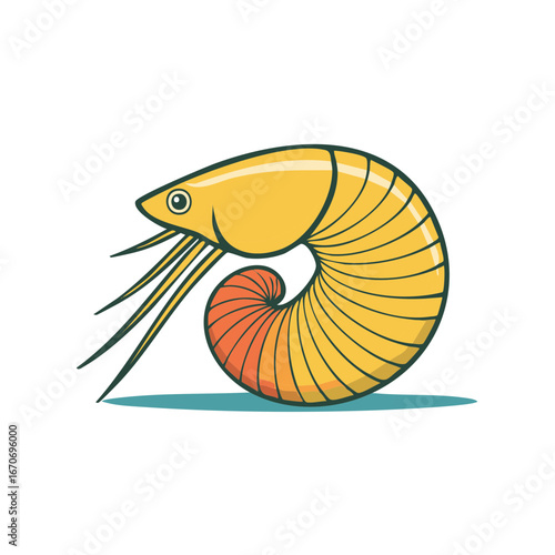 Stylized cartoon shrimp seafood animal icon with yellow and orange spiral tail, vector illustration.