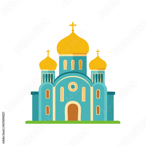 Flat Design Turquoise Orthodox Church with Golden Domes and Crosses on White