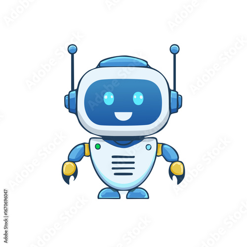 Cute friendly blue and white robot character illustration with a happy smile and antennae
