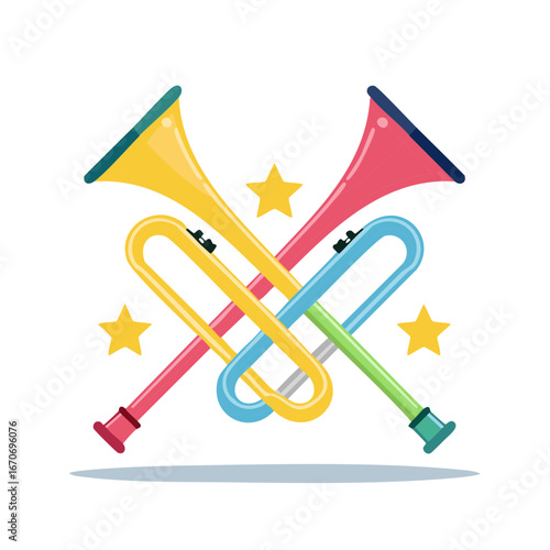 Collection of brightly colored trumpets intertwined with yellow stars