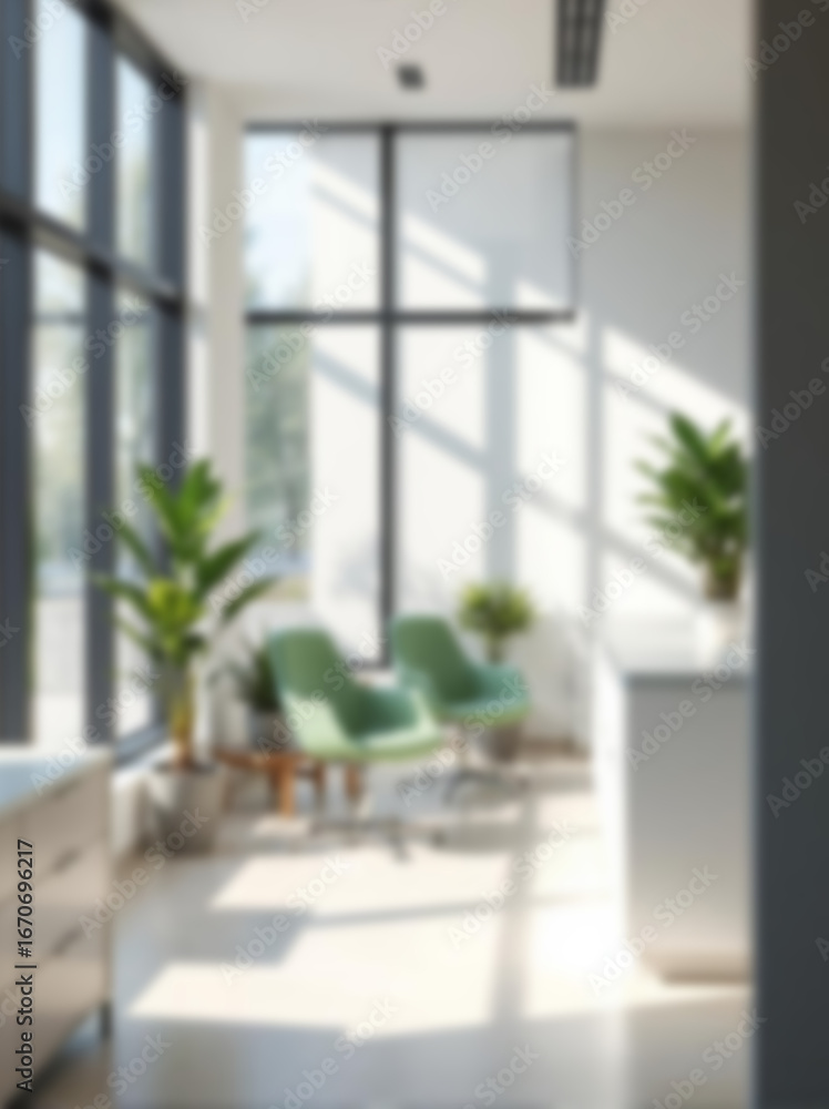 Fototapeta premium Vertical soft focus cozy office room background with natural lighting and clean interior design. Perfect for corporate templates, business visuals, copy space. Bright, spacious and professional scene