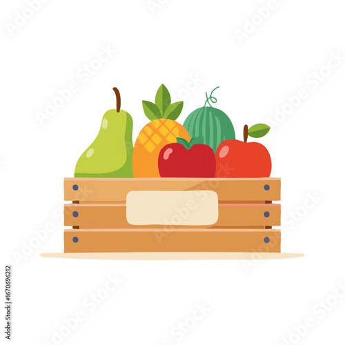 Fresh fruit assortment including apples watermelon pineapple and pear in wooden crate
