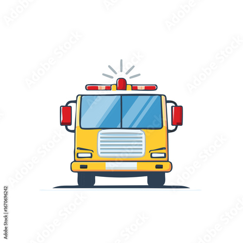 Cartoon fire truck with flashing lights and siren on a white background