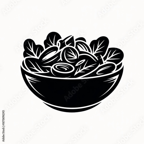 Black silhouette of a delicious caesar salad with croutons and parmesan cheese presented isolated on white background