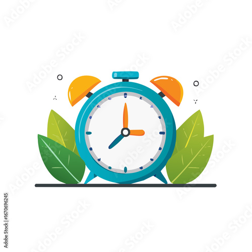Stylized Alarm Clock with Leaves Fresh Morning Illustration Time Reminder Notification Wake Up Sleep Illustration