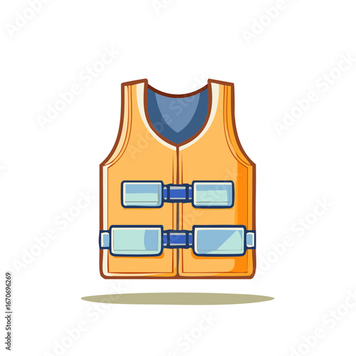 Orange life vest with blue collar and straps on white background