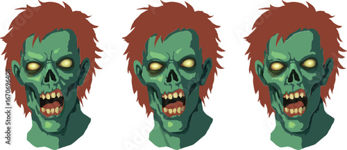 Zombie head vector set with green skin and glowing eyes in horror style for Halloween design