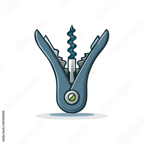 Opened corkscrew with blue metal screw in cartoon style