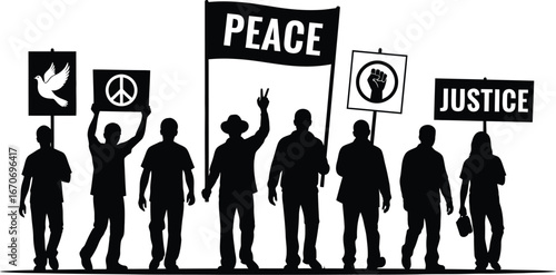Silhouette of a group of people protesting for peace and justice, holding signs and banners, , representing a demonstration, rally, or social movement