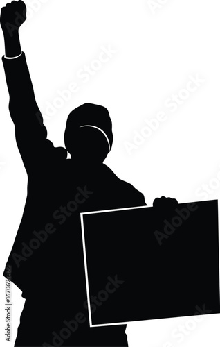 Silhouette of a protester raising a fist and holding a sign during a demonstration, symbolizing resistance, unity, and fight for justice