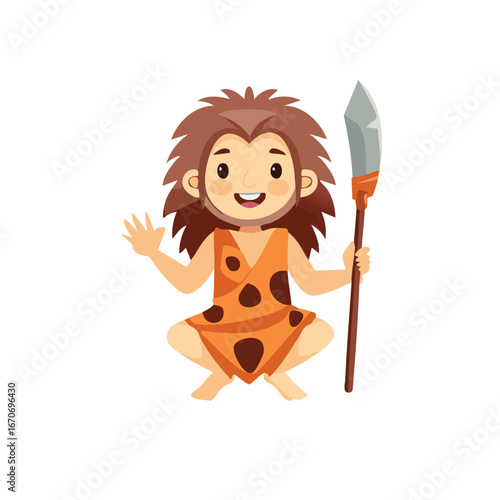 Cartoon caveman squatting with spear, waving, prehistoric era representation, smiling, fur tunic, early human vector, friendly character