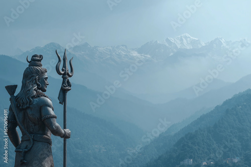 Shiva standing with trident overlooking the serene Himalaya mountains amidst a tranquil landscape at dawn, embodying the essence of Hindu spirituality