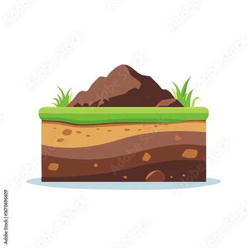 Cartoon Cutaway Showing Soil Layers with Grass, Mountain, and Stones Beneath Green Turf