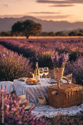 Summer picnic with wine and cheese in the lavender field, outdoors, sunset light, Generative AI, nature