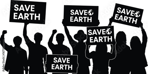 Silhouette illustration of people protesting to save earth and environment, holding signs and banners, vector graphic design
