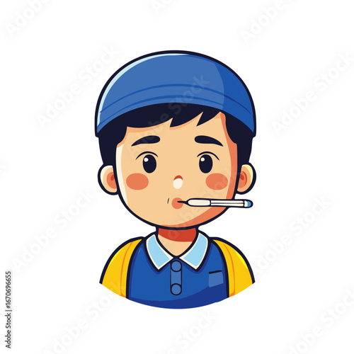Cartoon boy wearing a blue cap and holding a thermometer in his mouth