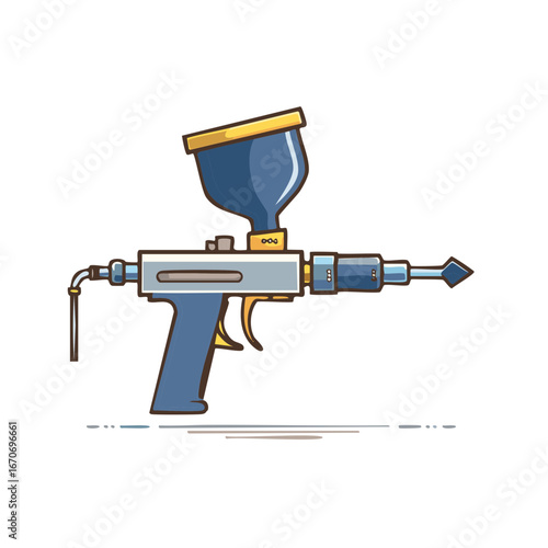 A stylized illustration of a blue and gold airbrush with a trigger and nozzle