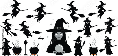 Witch silhouette collection with broomsticks crystal ball and cauldrons for Halloween design vector set
