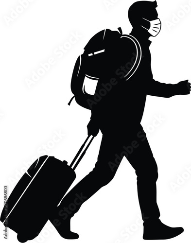 Silhouette of a man with a suitcase and backpack wearing a mask, , representing travel, health, and new normal during pandemic