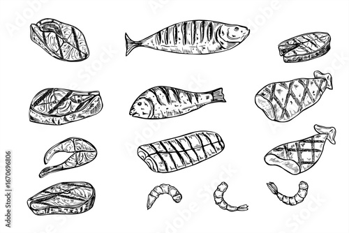 Grilled seafood set vector illustration painted by black inks. Fish steak, fillet, whole fish, dressed squid tubes and shrimps clip art for BBQ design, culinary blogs, restaurant menus