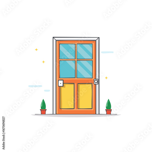 Illustration of a Vibrant Orange Doorway with Small Plants and Shiny Decorations