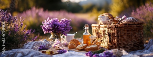 Summer picnic with wine and cheese in the lavender field, outdoors, sunset light, Generative AI, nature